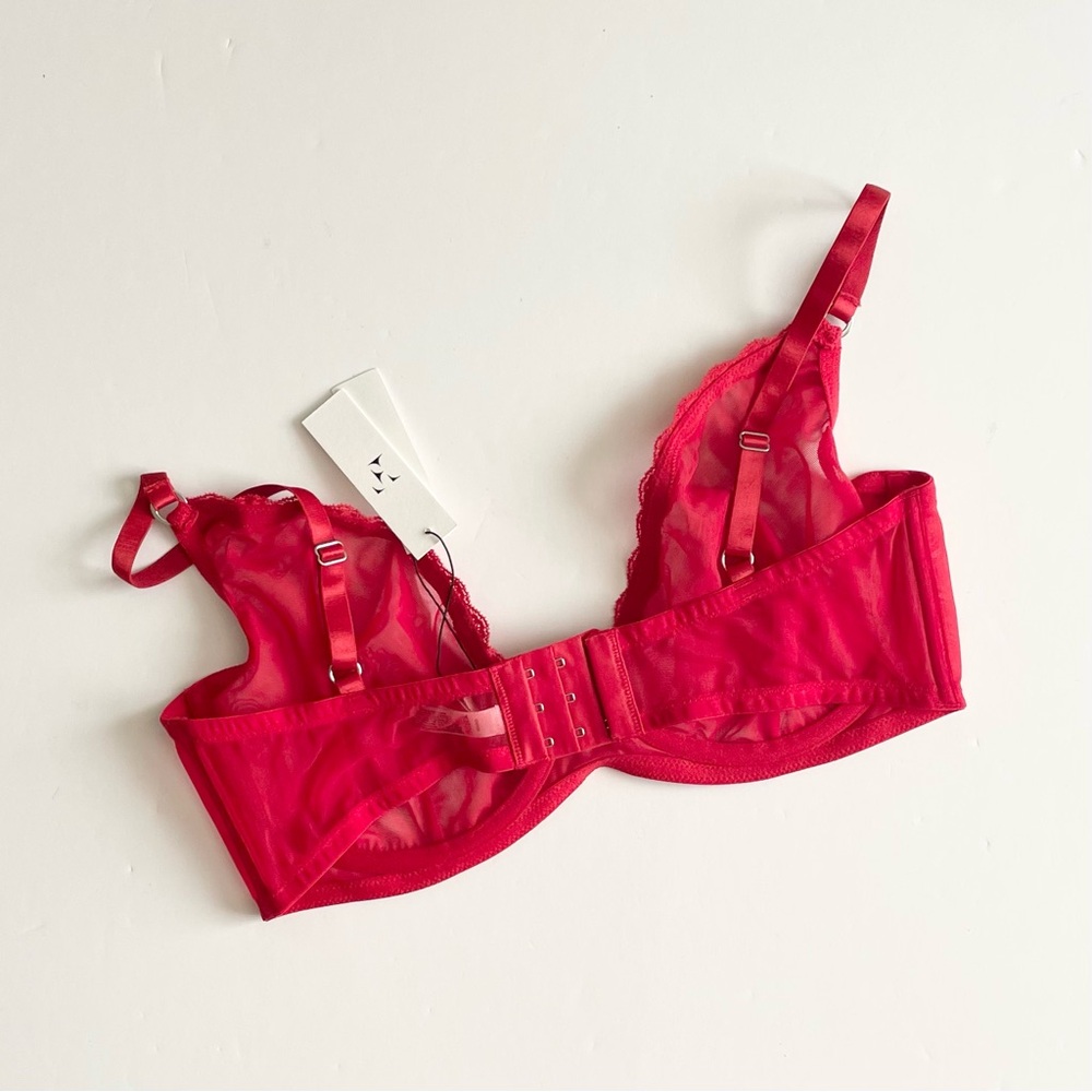NWT Fleur de mal 38F Sheer Tulle Fuller Cup Demi Unlined bra in Rouge Red - Picture 6 of 8